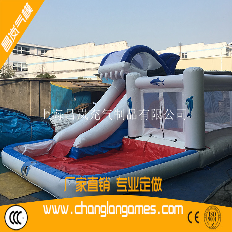 廠家直銷(xiāo)鯊魚(yú)充氣滑梯水池跳床組合 inflatable shark slide bouncer pool combo